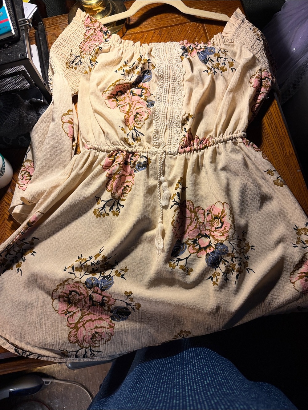 feathers Cream Floral Off-Shoulder Mini Dress with Pink and Blue Blooms
